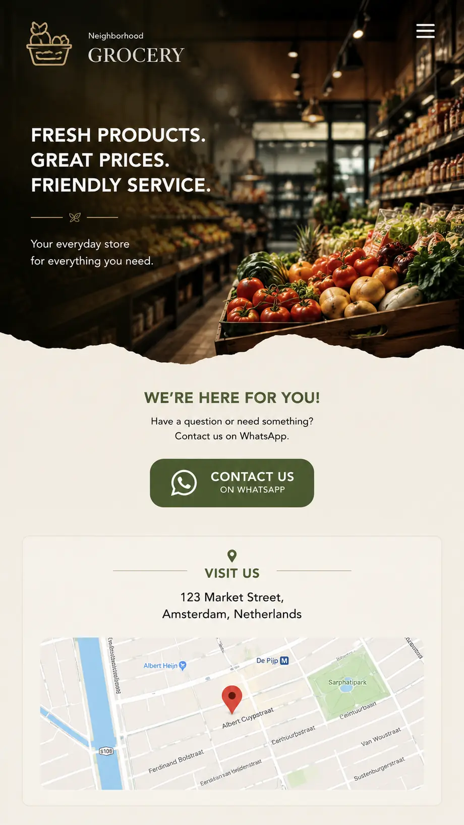 Een warme lokale winkel met WhatsApp en route-informatie